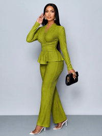 V-Neck Peplum Top & Wide Leg Pants Set – Beige