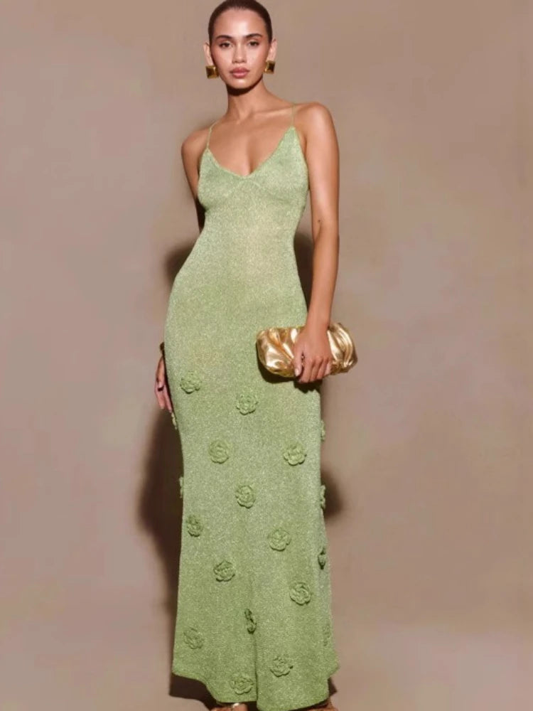 Boho Floral Lace High Waist Crochet Maxi Dress
