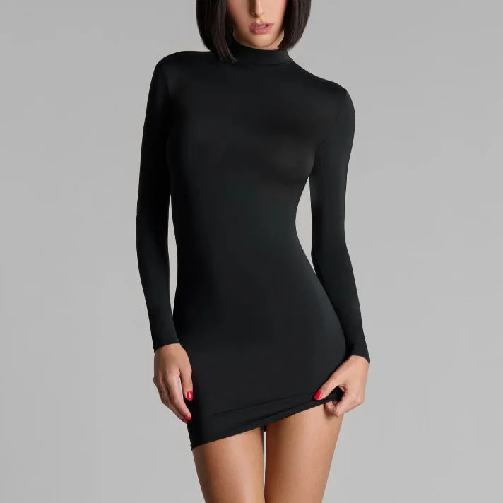 High Neck Back Cut-Out Long Sleeve Bodycon Mini Dress