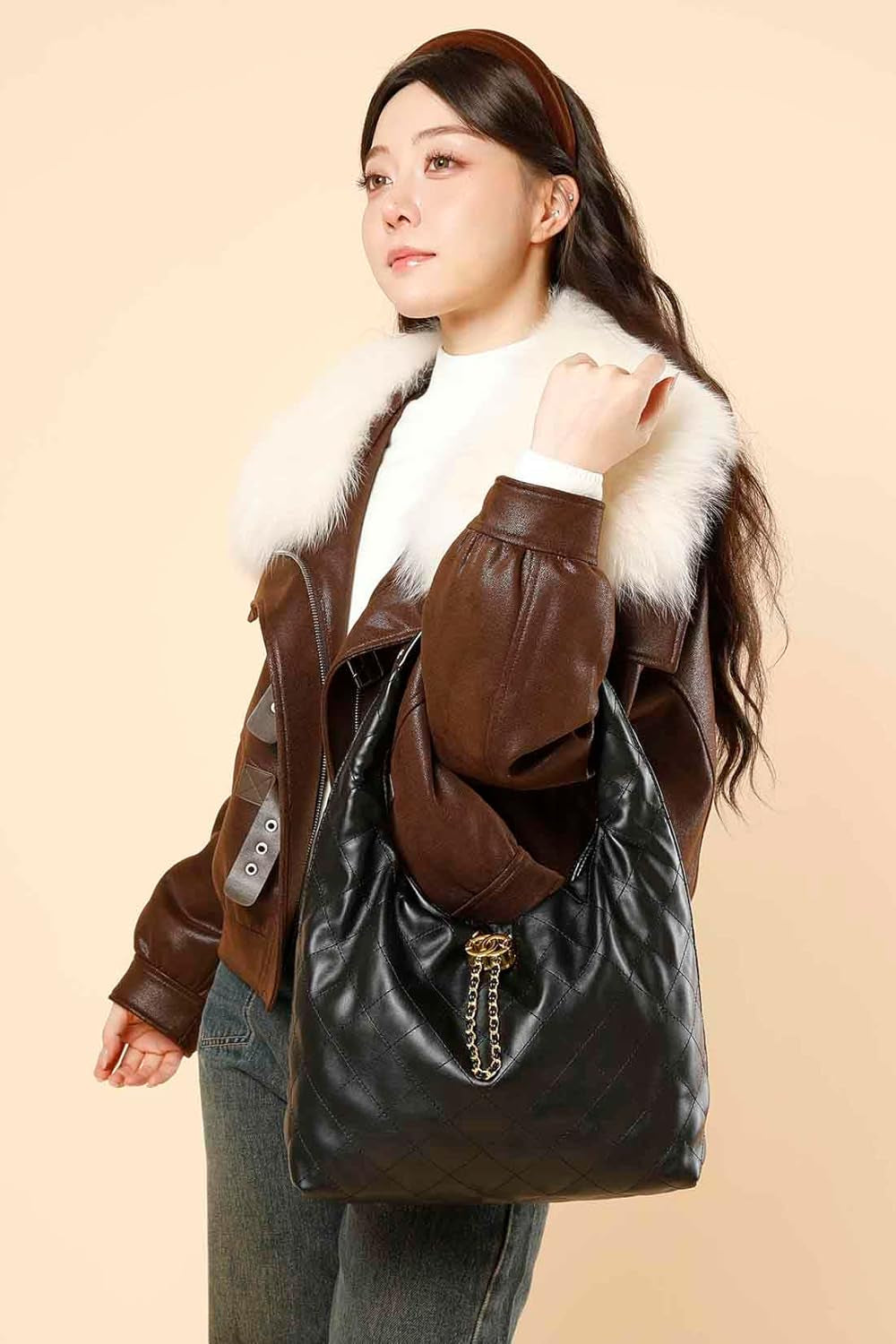 Quilted Vegan Leather Tote Handbag for Women, Soft Leather Slouchy Shoulder Bag
