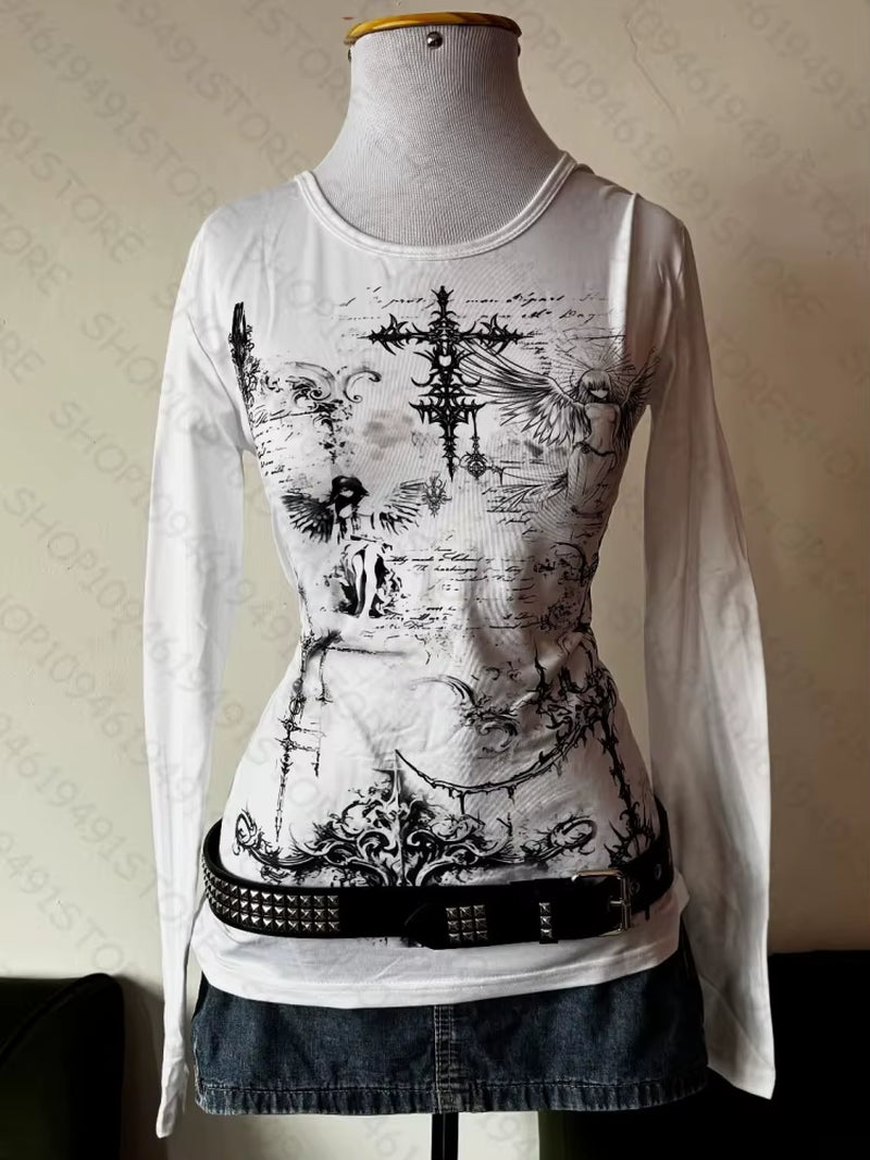 Y2K Style Aesthetic Sweet and Sexy Long Sleeved Top for Women'S Casual Gothic Punk Printed T-Shirt Harajuku Grunge Clothes Emo