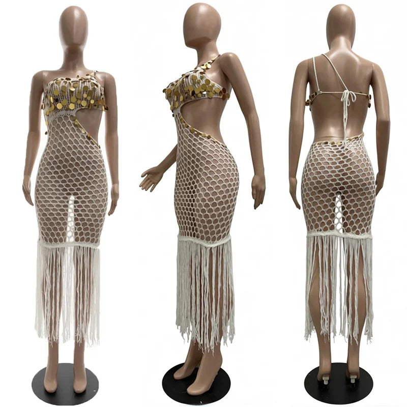 Sequined Fringe Tassel Crochet Bodycon Maxi Dress