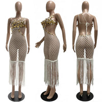 Sequined Fringe Tassel Crochet Bodycon Maxi Dress