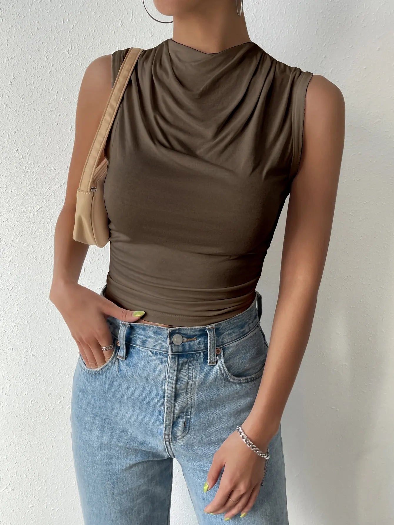 Pleated Half-High Neck Sleeveless Top