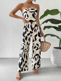 Black Leaf Print Strapless Crop Top & Wide-Leg Pants Set