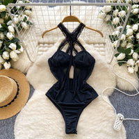 Cross Strap Mesh Lace Sleeveless Bodysuit