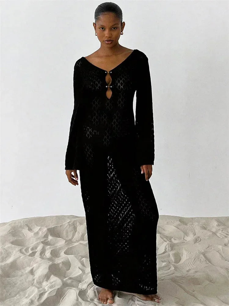 Sexy Hollow-Out Knit Crochet Bikini Cover-Up Maxi Dress