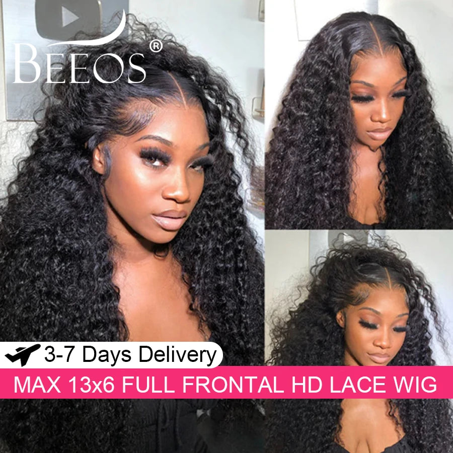 Jet Black Curly 13x6 HD Lace Frontal Wig – Pre Plucked Remy Hair