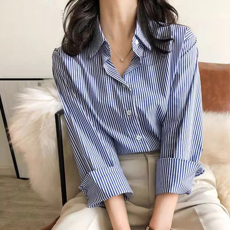 Striped Lantern Sleeve Stand Collar Blouse