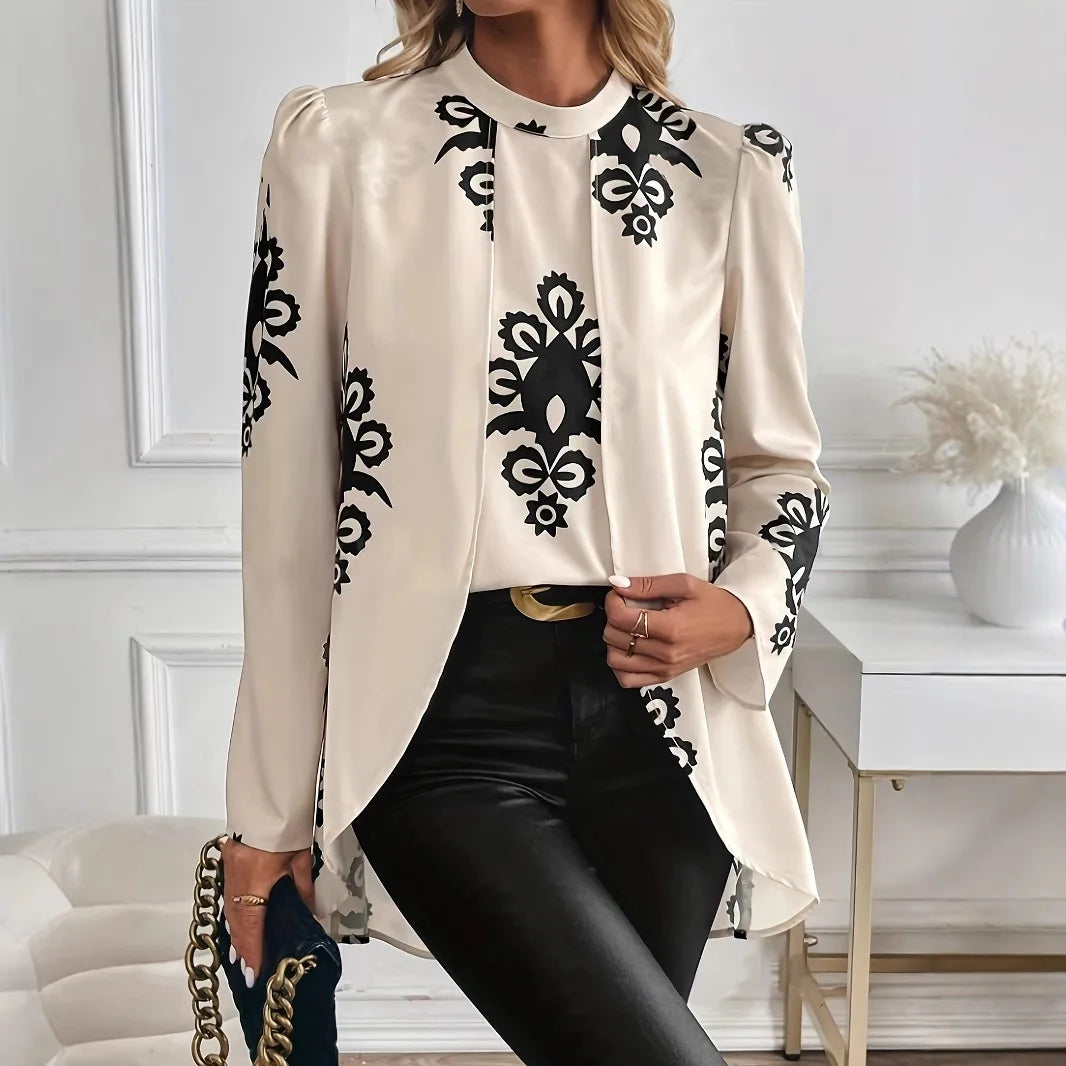 Fake Two-Piece Print Long Sleeve Blouse