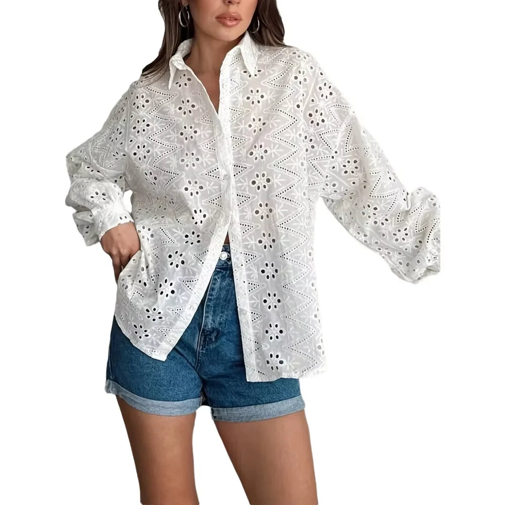 Hollow Embroidered Lapel Button Top