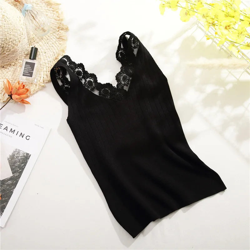2025 Sexy Basic Lace Camisole Summer Knit Tank Top Women V Neck Camisole Female Camis High Elasticity Top Casual Tank Tops
