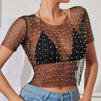 Pearl Neck Sheer Mesh Long Sleeve Top