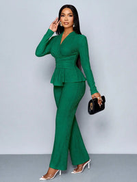 V-Neck Peplum Top & Wide Leg Pants Set – Beige