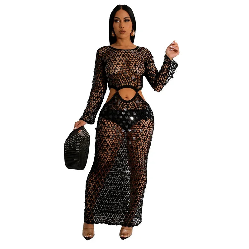 Sequined Crochet See-Through Bodycon Maxi Dress