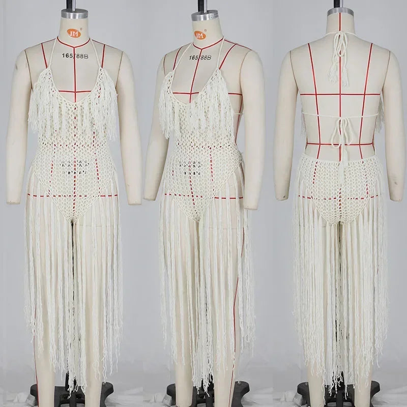 Halter V-Neck Tassel Backless Crochet Maxi Dress