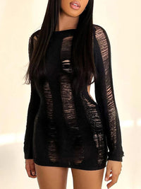 Sexy Knitted Cutout Short Dress 2022 Spring Summer Backless Long Sleeve round Neck Wrapped Mini Dresses Streetwear Solid