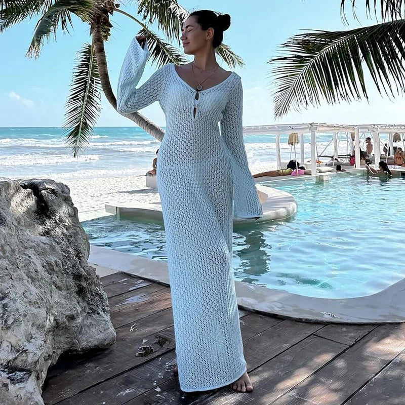 Sexy Hollow-Out Knit Crochet Bikini Cover-Up Maxi Dress