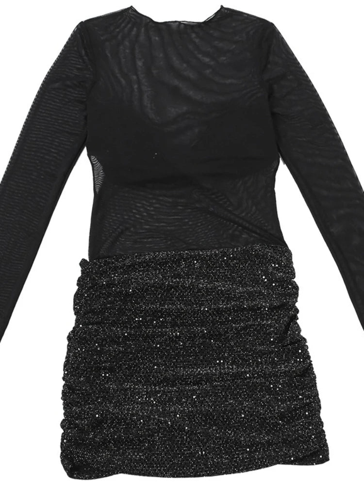 Sequin Patchwork Mesh Long Sleeve Mini Dress