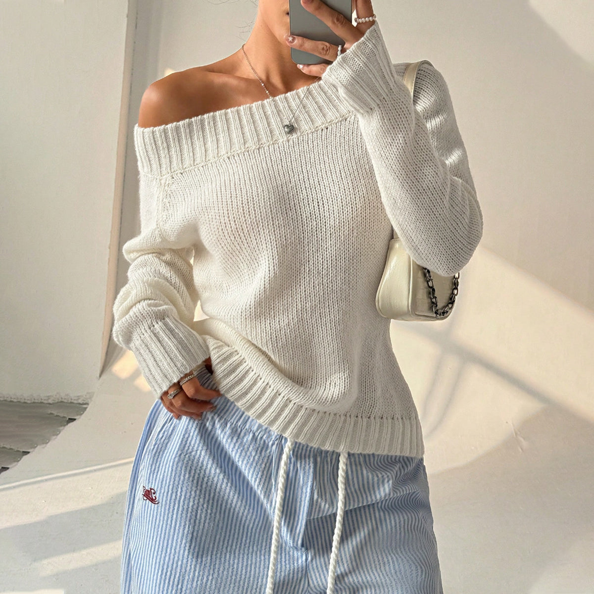 Head Sloping Exposed Shoulder Women'S Autumnwinter Knit Casual