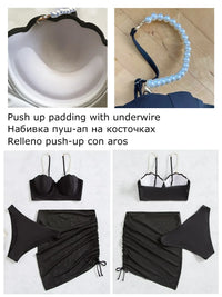 3-Piece Faux Pearl Bikini Set with Skirt
