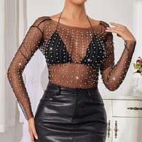 Pearl Neck Sheer Mesh Long Sleeve Top