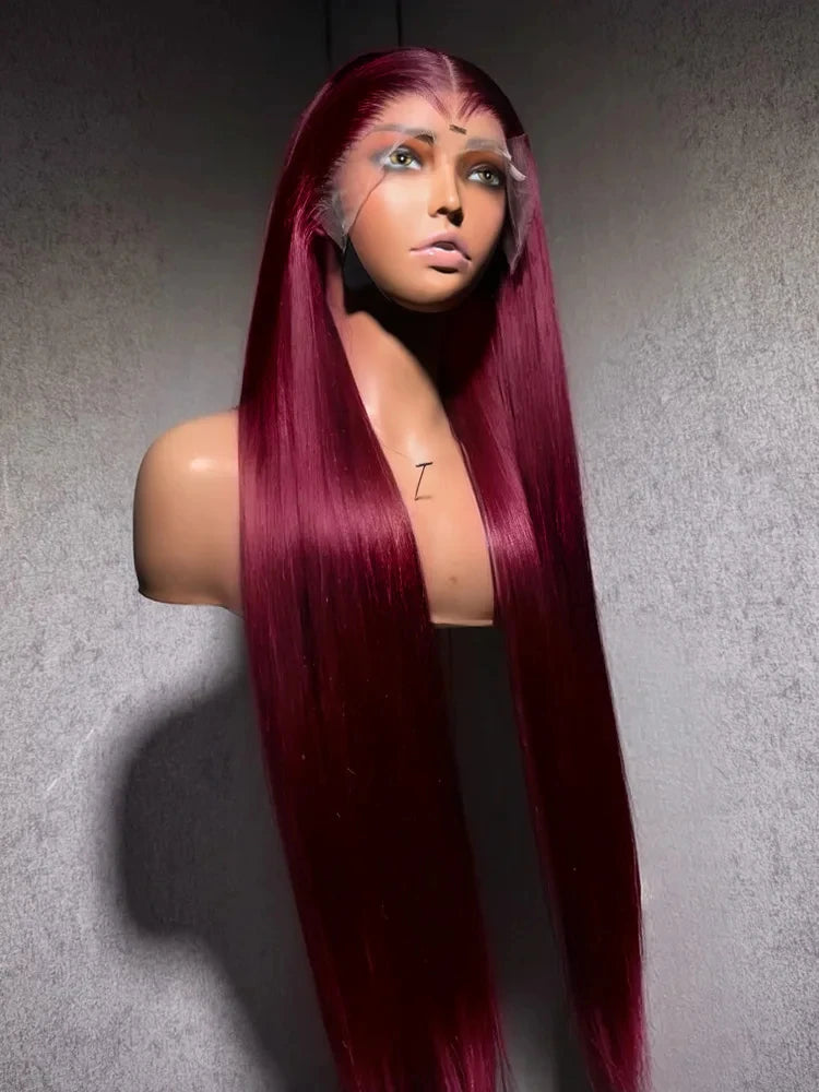 99J Burgundy Bone Straight 13x6 HD Lace Frontal Wig – 30–36 Inch Human Hair