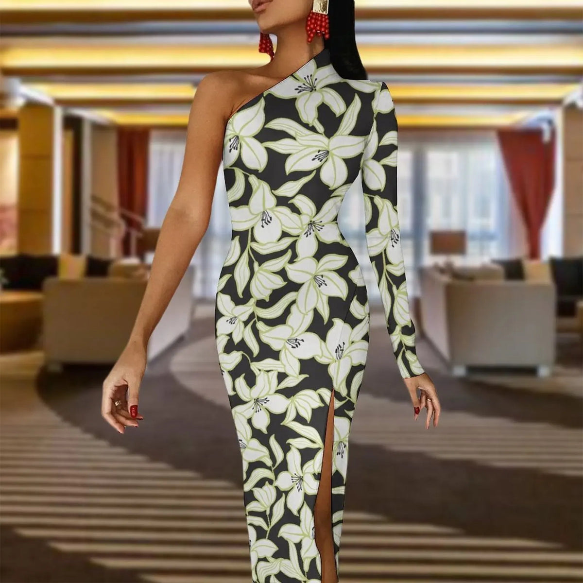 One-Shoulder Floral Print Bodycon Maxi Dress
