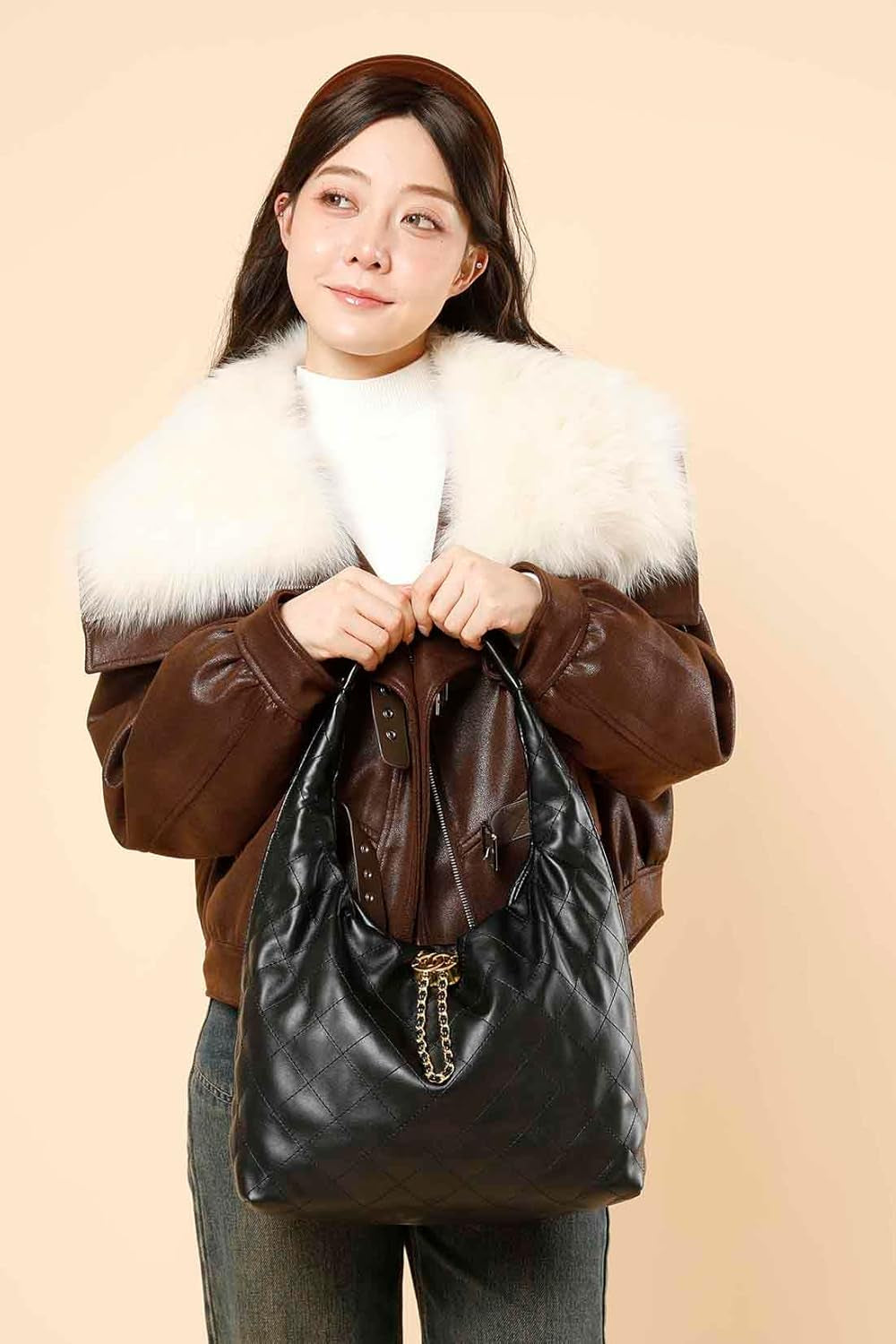 Quilted Vegan Leather Tote Handbag for Women, Soft Leather Slouchy Shoulder Bag
