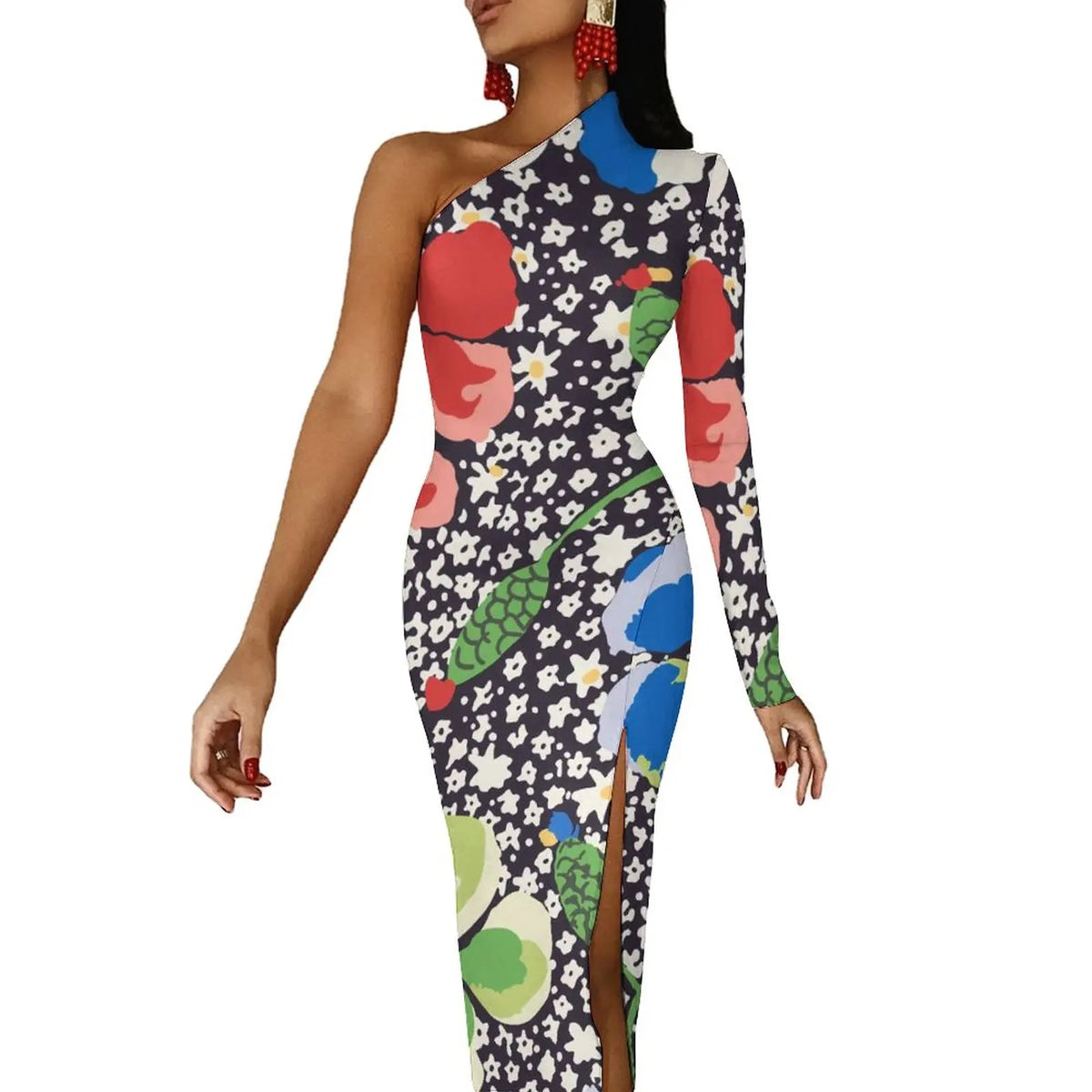 One-Shoulder Floral Print Bodycon Maxi Dress