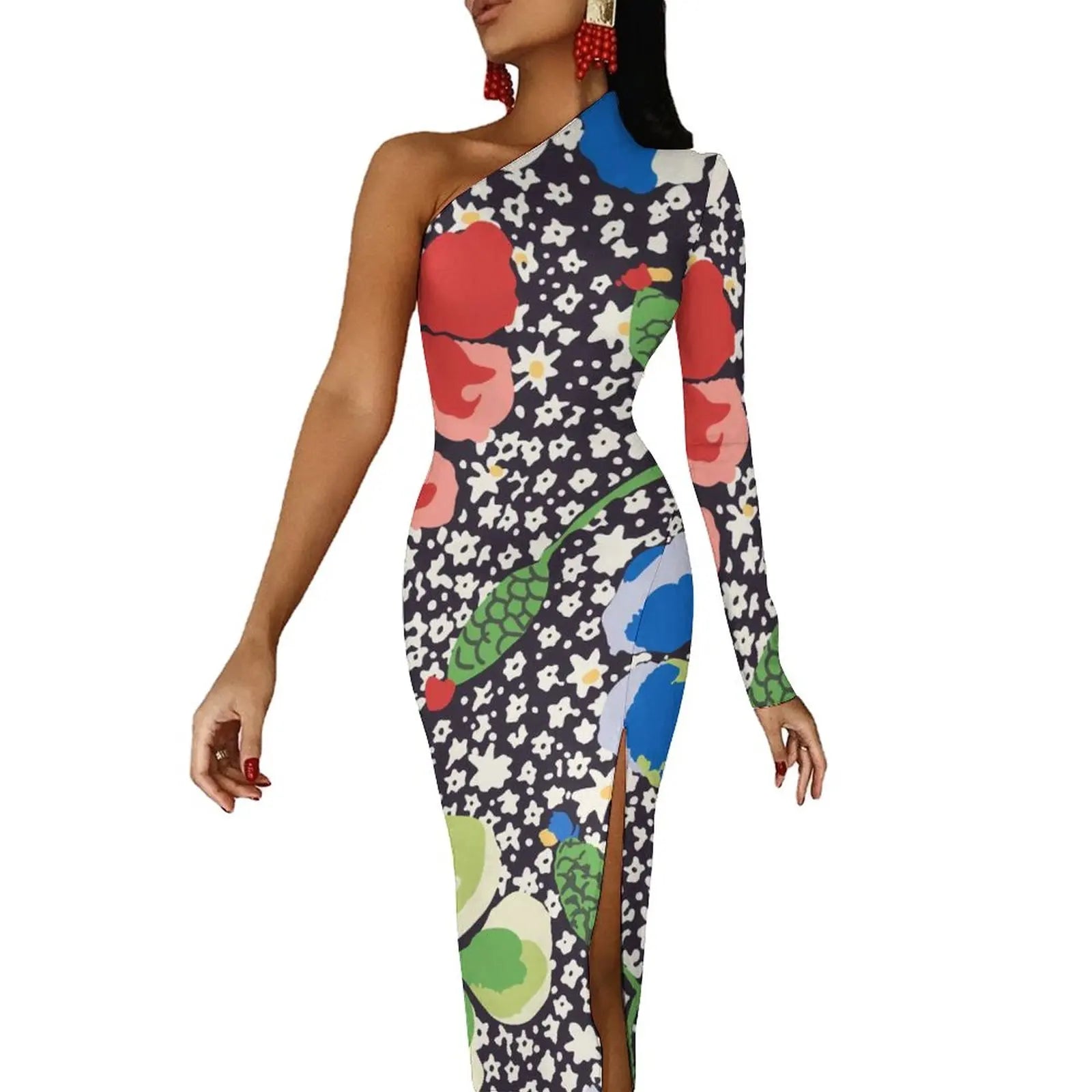 One-Shoulder Floral Print Bodycon Maxi Dress