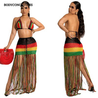 Colorful Hand Crochet Lace-Up Bra & Tassel Maxi Skirt Set