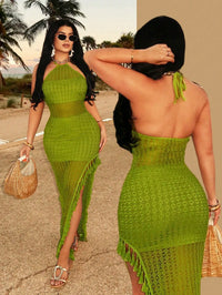Lime Green Crochet Halter Maxi Dress with Tassel Hem