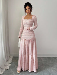 Pink Lace-Trimmed Square Neck Button-Up Maxi Dress Set