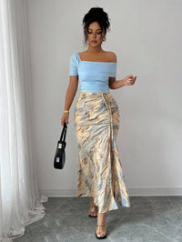 Off-Shoulder Ruched Top & Marble Print Side-Slit Skirt Set
