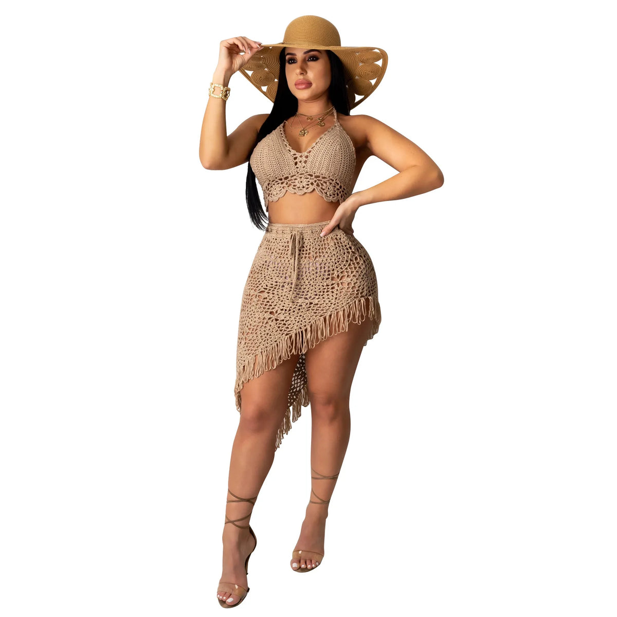 Handmade Crochet Tassel Ruched Maxi Dress