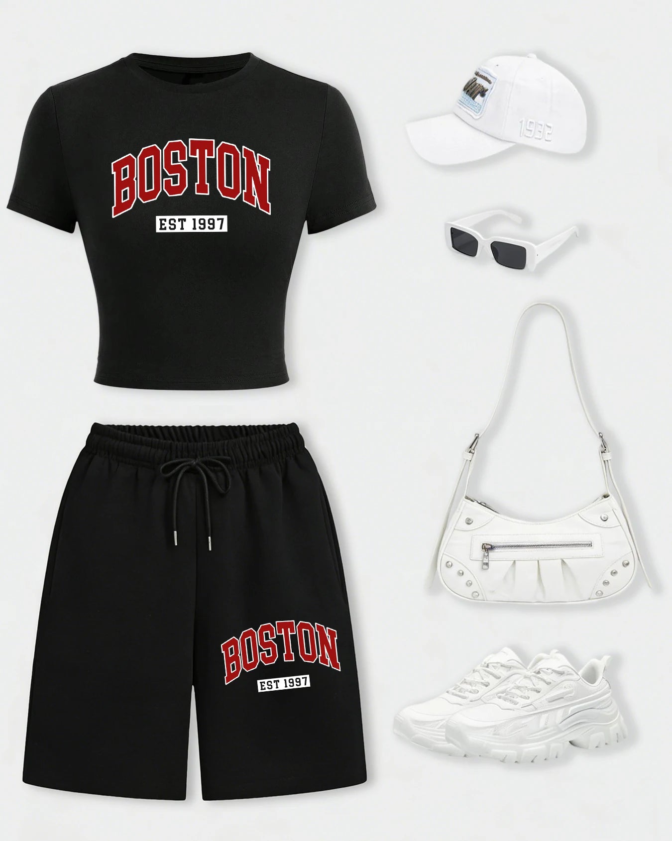 Boston Est. 1997 Crop Tee & Wide-Leg Shorts Set