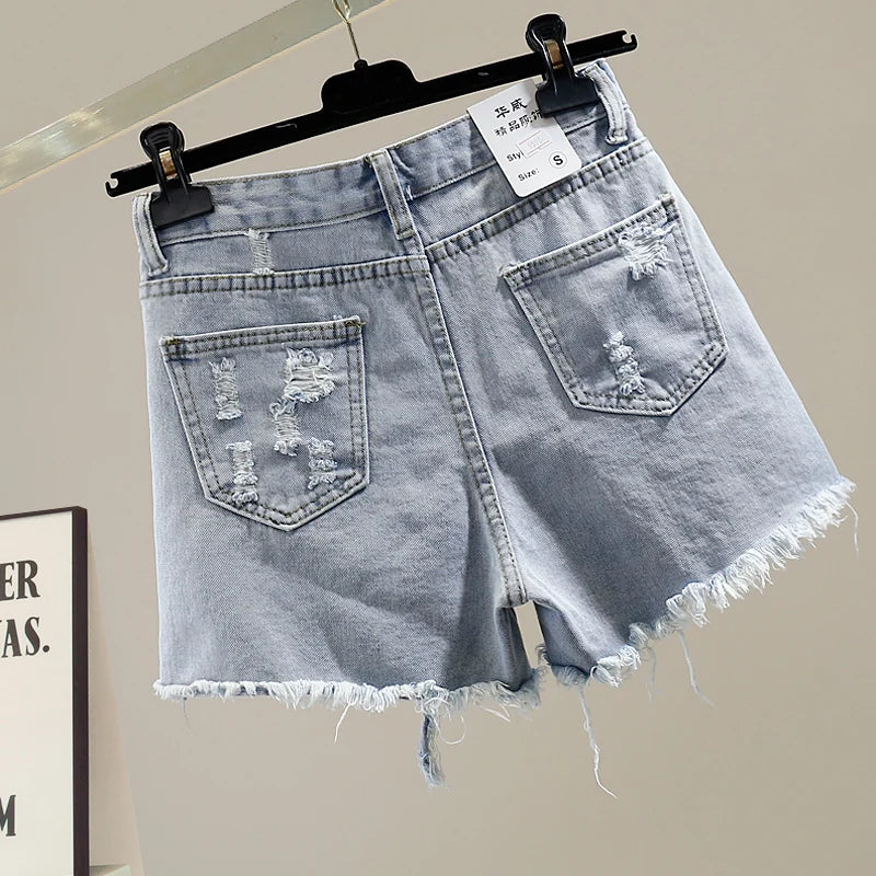 Bead-Embellished High Waist Denim Shorts