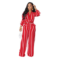 Striped Print Long Sleeve Blouse & Pants Set