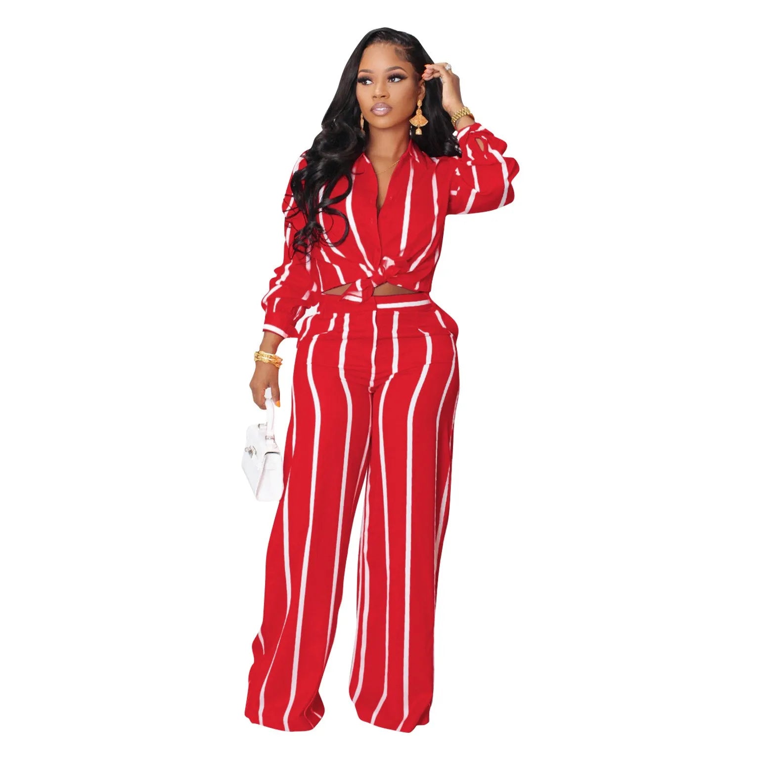 Striped Print Long Sleeve Blouse & Pants Set