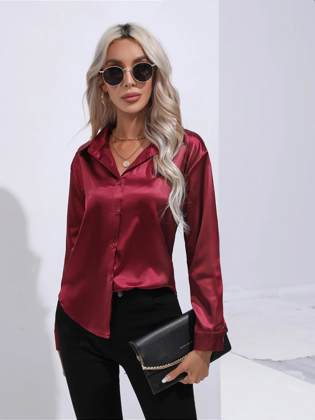 V-Neck Long Sleeve Satin Silk Blouse