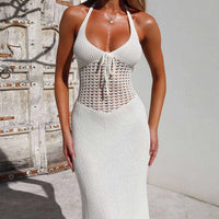 V-Neck Backless Crochet Halter Maxi Dress – White