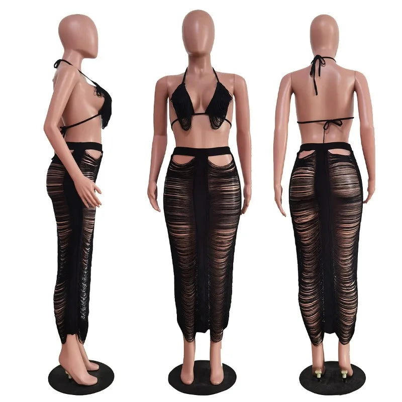 Crochet Tassel Bra Top & Maxi Skirt Set