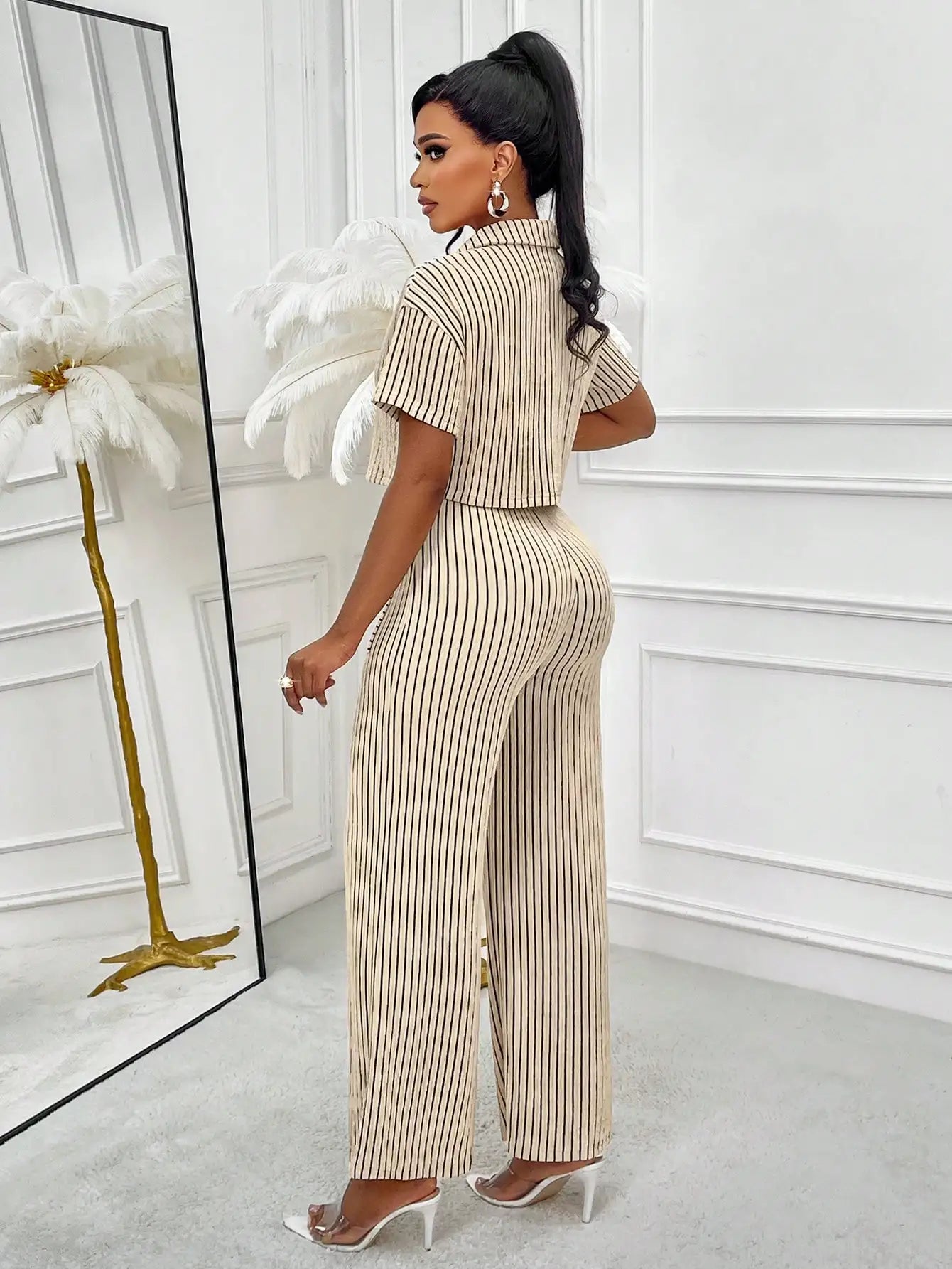 Striped Cropped Shirt & Wide-Leg Pants Set