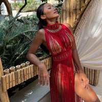 Vintage Tassel Halter Backless Crochet Maxi Dress