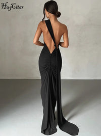 One-Shoulder Backless Ruched Maxi Dress