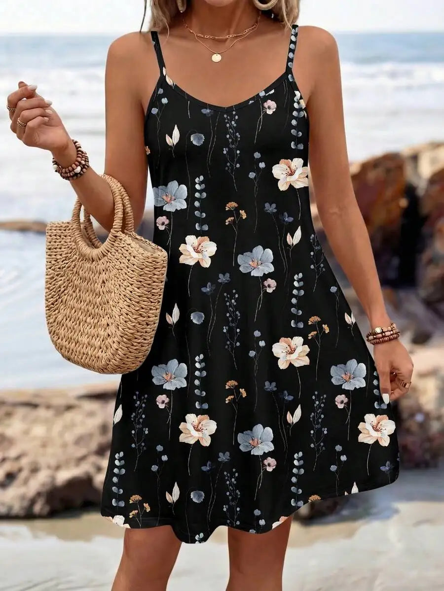 Black Floral Print Sleeveless Knit Mini Dress