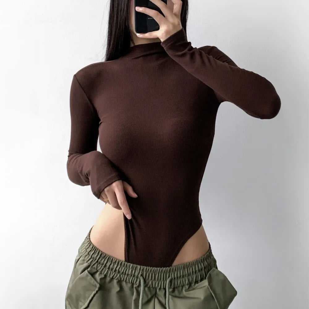 Stand Collar Ribbed Long Sleeve Bodycon Romper