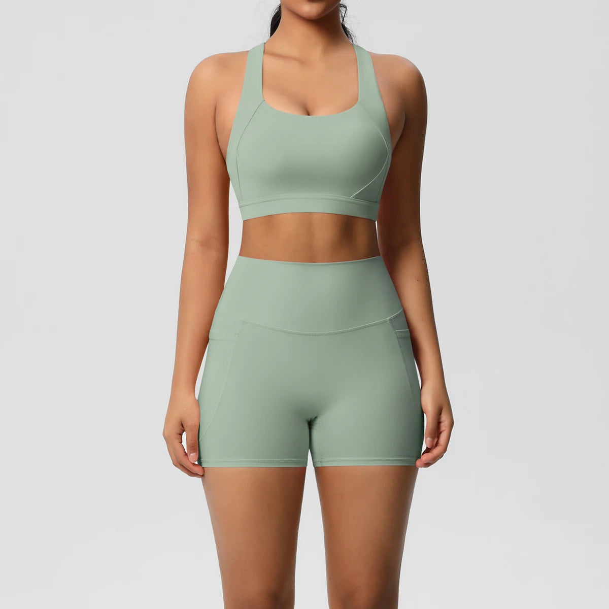 2-Piece Yoga Set – Crossover Bra & Shorts