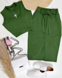 Lace-Up High Waist Crop Top & Midi Skirt Set